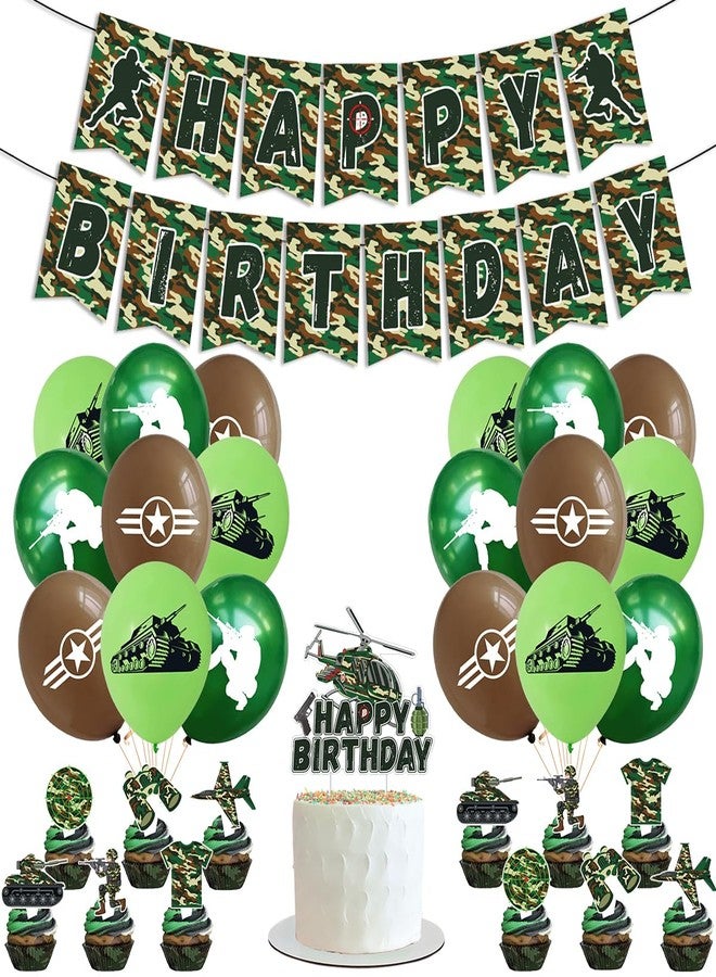 OULUN Army Military Theme Banner Set,Army Soldier Birthday Party Decorations, Camo Hero Theme, Balloons, Banner, Cupcake Toppers Green Camouflage Decorations for Military Soldier Themed Party - Image 4